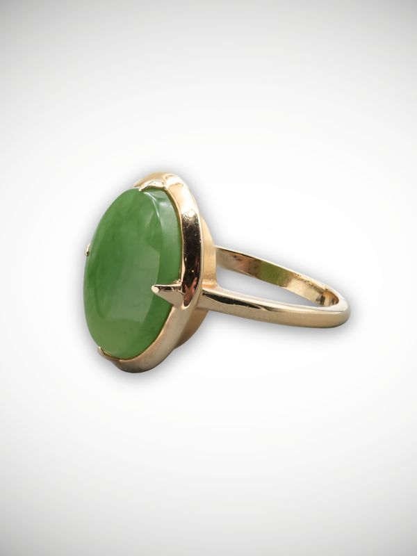 Moko Pounamu Genuine NZ Inanga Greenstone & 9ct Gold Ring - Kaikarae