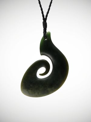 Moko Pounamu Hei Matau (Hook) NZ Genuine Kawakawa Greenstone - Kaihiku