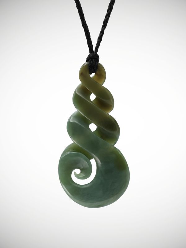 Moko Pounamu Triple Pikorua (Twist) & Koru Genuine NZ Inanga Greenstone - Kaihiku