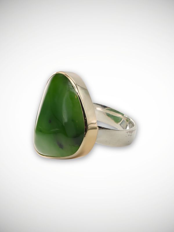 Moko Pounamu Genuine NZ Kahurangi Greenstone 9ct Gold & Sterling Silver Ring - Kairua