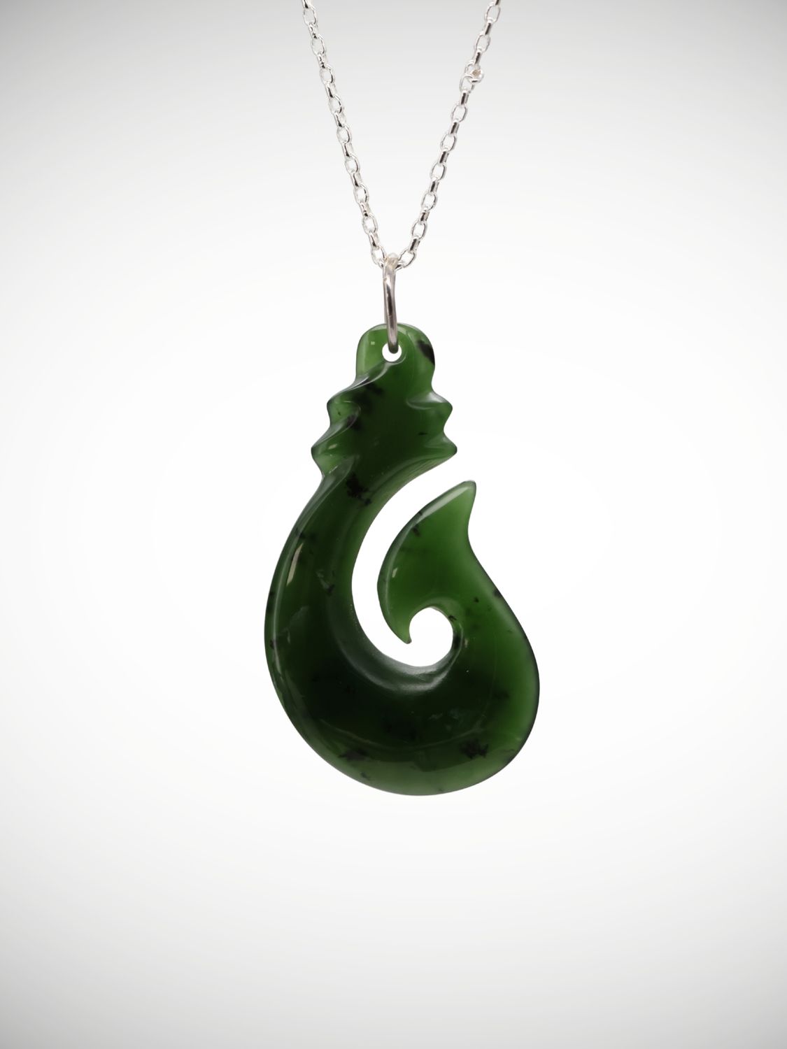 Moko Pounamu Hei Matau Genuine NZ Kahurangi Greenstone & Sterling Silver Pendant - Kaitieke