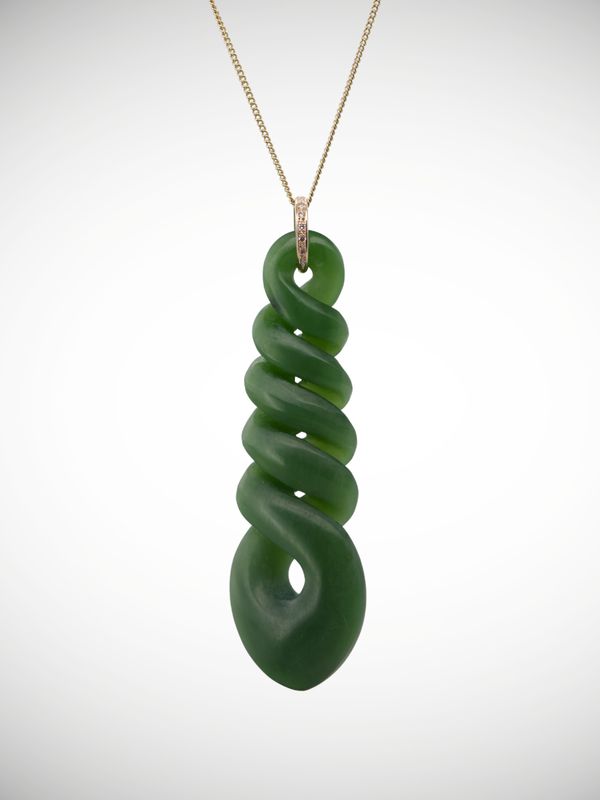 Moko Pounamu Quintuple Pikorua Genuine NZ Kahurangi Greenstone 9ct Gold & Diamond Pendant - Kaituna