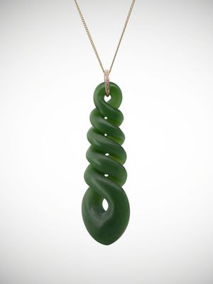 Moko Pounamu Quintuple Pikorua Genuine NZ Kahurangi Greenstone 9ct Gold & Diamond Pendant - Kaituna