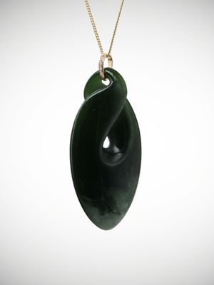 Moko Pounamu Single Pikorua (Twist) Genuine NZ Kawakawa Greenstone & 9ct Gold Diamond Pendant - Makaka