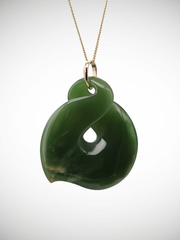 Moko Pounamu Single Pikorua (Twist) Genuine NZ Kawakawa Flower Greenstone & 9ct Gold Pendant - Makohine
