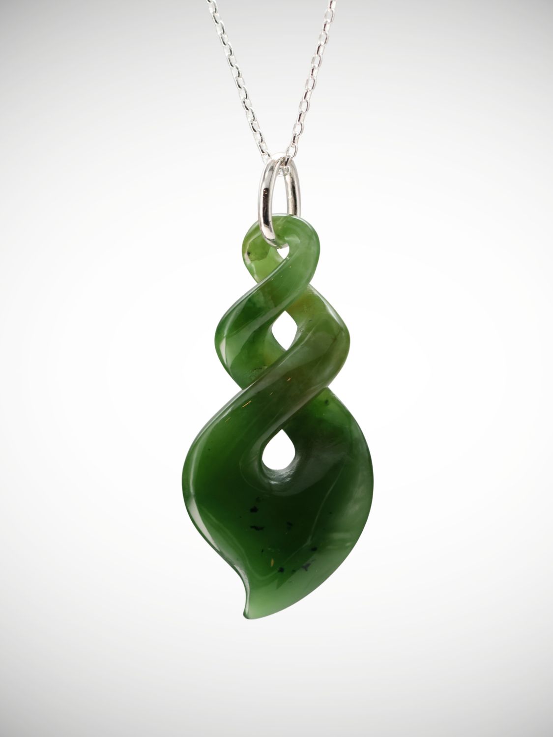 Moko Pounamu Double Pikorua (Twist) Genuine NZ Kahurangi Flower Greenstone & Sterling Silver Pendant - Makohine