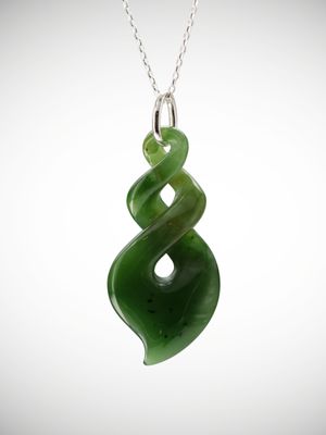 Moko Pounamu Double Pikorua (Twist) Genuine NZ Kahurangi Flower Greenstone & Sterling Silver Pendant - Makohine