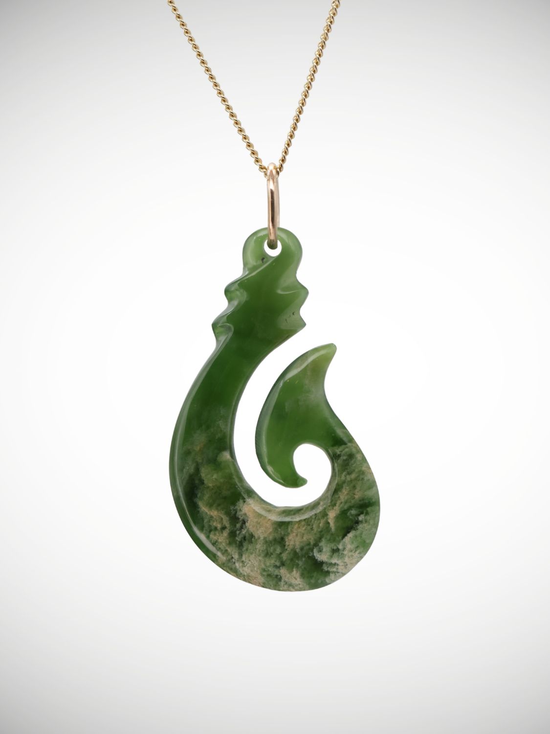 Moko Pounamu Hei Matau Genuine NZ Kahotea Greenstone & 9ct Gold Pendant - Manaroa
