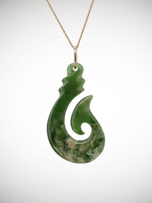 Moko Pounamu Hei Matau Genuine NZ Kahotea Greenstone & 9ct Gold Pendant - Manaroa Moko Pounamu Hei Matau Genuine NZ Kahotea Greenstone & 9ct Gold Pendant - Manaroa