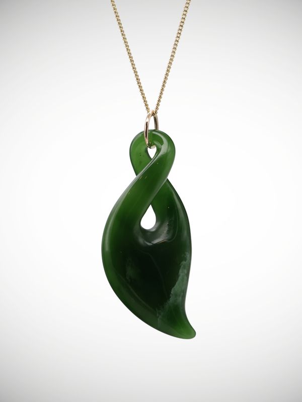 Moko Pounamu Single Pikorua (Twist) Genuine NZ Kawakawa Greenstone & 9ct Gold Pendant - Mamaranui