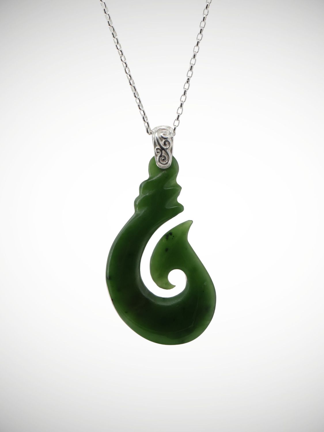 Moko Pounamu Hei Matau Genuine NZ Kahurangi Greenstone & Filigree Sterling Silver Pendant - Keteketerau