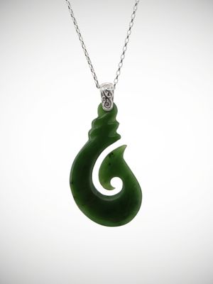 Moko Pounamu Hei Matau Genuine NZ Kahurangi Greenstone & Filigree Sterling Silver Pendant - Keteketerau