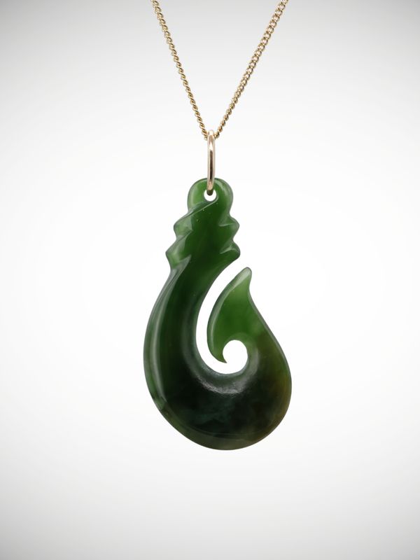 Moko Pounamu Hei Matau Genuine NZ Kawakawa Greenstone & 9ct Gold Pendant - Mangapouri