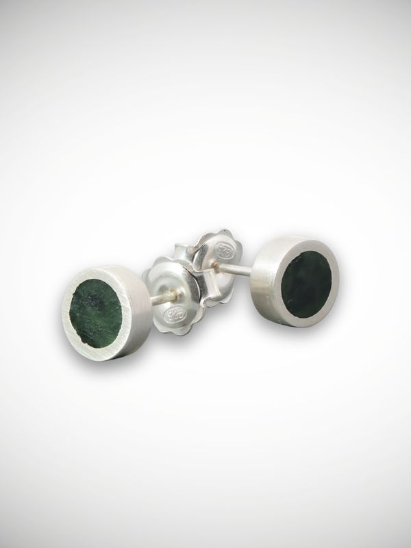 Moko Pounamu Genuine NZ Greenstone & Sterling Silver Round Stud Earrings CH8-P