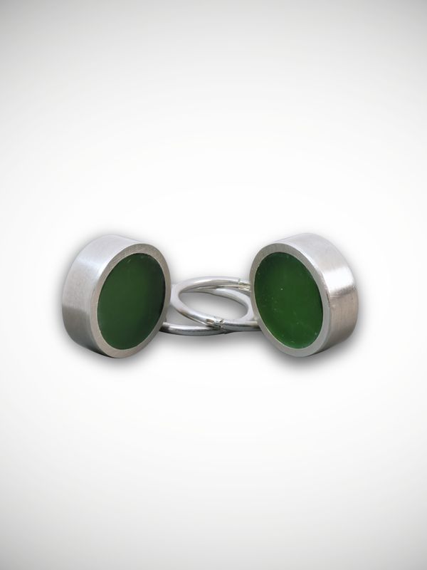 Moko Pounamu Genuine NZ Greenstone & Sterling Silver Large Round Sleeper Earrings CH12-P