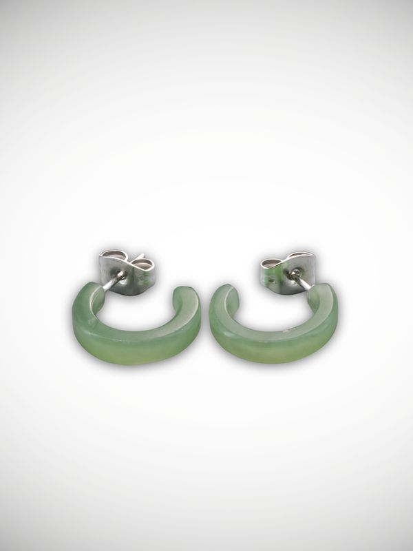 Moko Pounamu Genuine NZ Inanga Pounamu & Sterling Silver Half Hoop Stud Earrings - Ahuroa