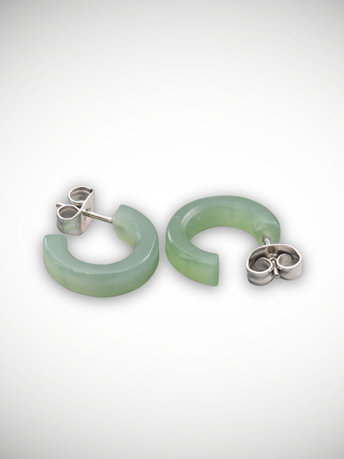 Moko Pounamu Genuine NZ Inanga Pounamu & Sterling Silver Half Hoop Stud Earrings - Aukati