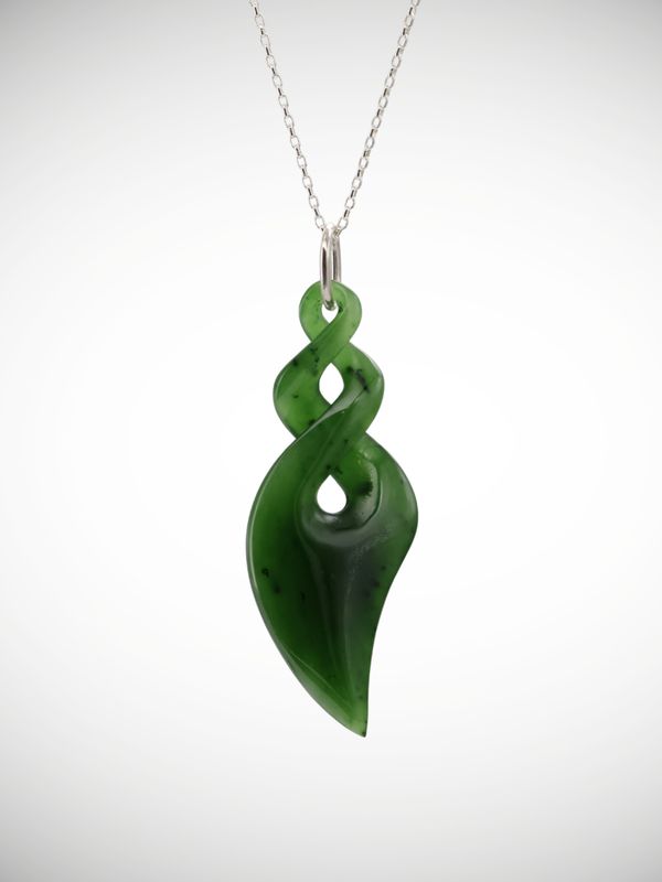 Moko Pounamu Double Pikorua (Twist) Genuine NZ Kawakawa Greenstone & Sterling Silver Pendant - Kiwinui