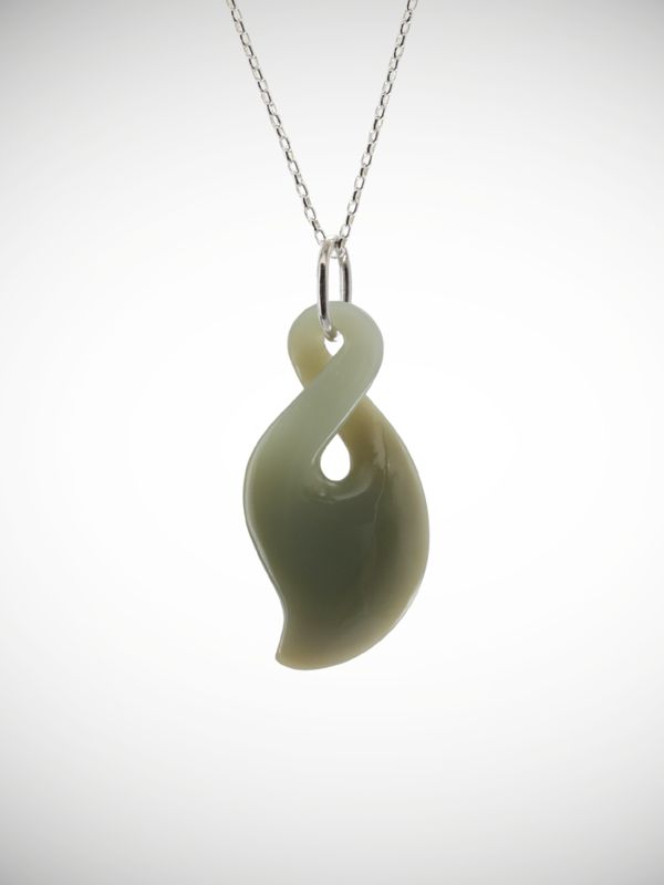 Moko Pounamu Pikorua (Twist) Genuine NZ Inanga Greenstone & Sterling Silver - Koutunui