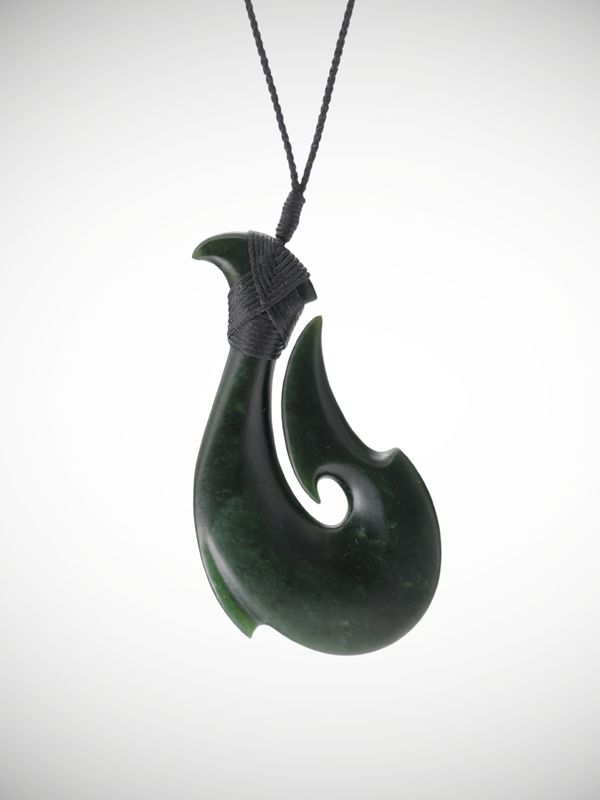 Moko Pounamu Hei Matau (Hook) NZ Genuine Kawakawa Greenstone - Awakino