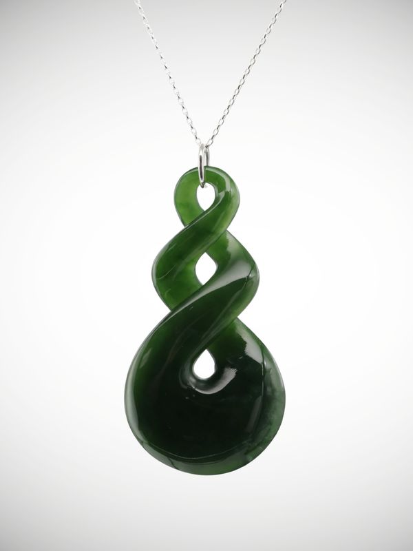 Moko Pounamu Double Pikorua (Twist) Genuine NZ Kawakawa Greenstone & Sterling Silver Pendant - Kairua