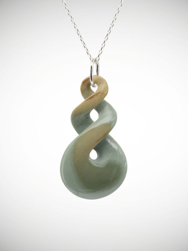 Moko Pounamu Double Pikorua (Twist) Genuine NZ Inanga Greenstone & Sterling Silver - Mangakino
