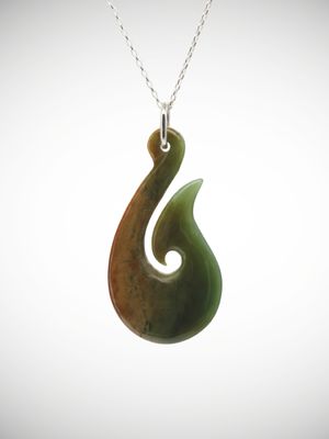 Moko Pounamu Hei Matau (Hook) NZ Genuine Marsden Flower Greenstone & Sterling Silver - Mangakura