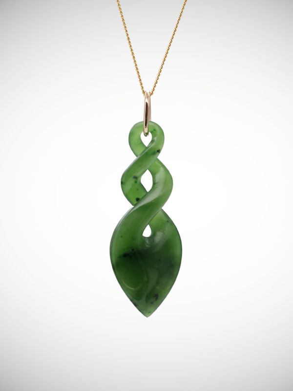 Moko Pounamu Double Pikorua (Twist) Genuine NZ Kahurangi Greenstone & 9ct Gold - Mangaiti