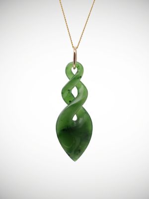Moko Pounamu Double Pikorua (Twist) Genuine NZ Kahurangi Greenstone & 9ct Gold - Mangaiti