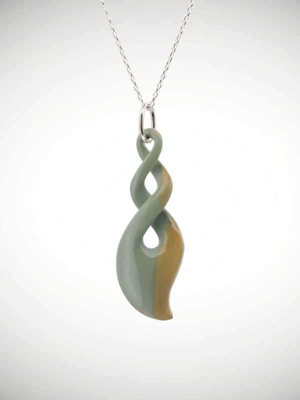 Moko Pounamu Double Pikorua (Twist) Genuine NZ Inanga Greenstone & Sterling Silver - Mangakahia