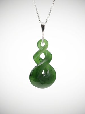 Moko Pounamu Double Pikorua (Twist) Genuine NZ Kahurangi Greenstone & Sterling Silver - Mangaohae