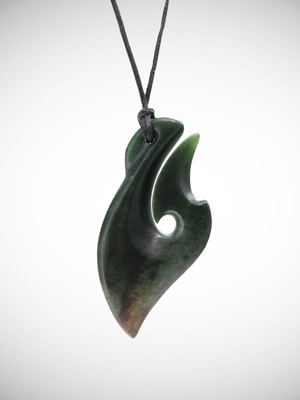 Moko Pounamu Hei Matau (Hook) NZ Genuine Kawakawa Greenstone - Awaiti