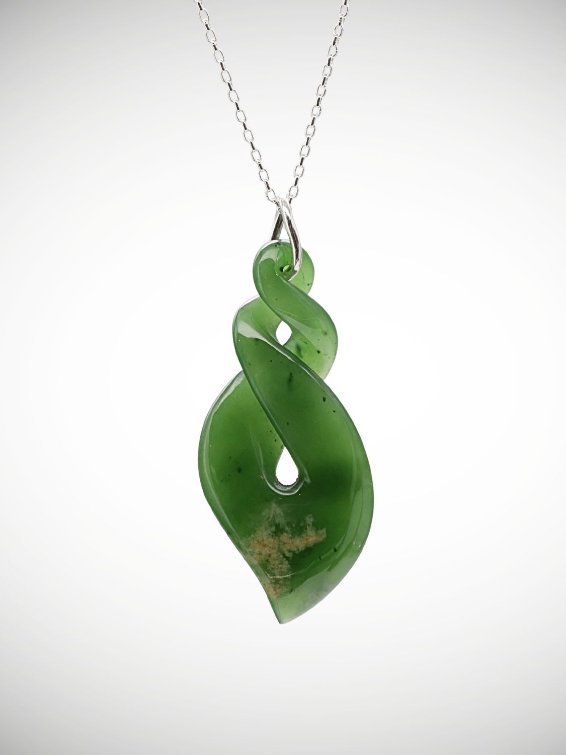 Moko Pounamu Double Pikorua (Twist) Genuine NZ Kahurangi Flower) Greenstone & Sterling Silver - Mangakura