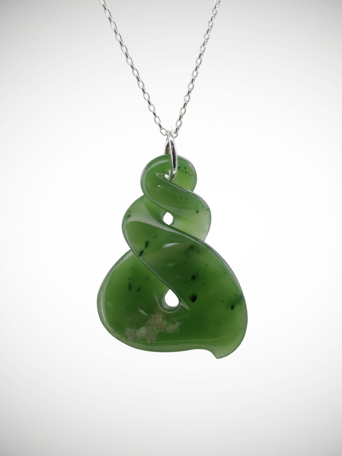 Moko Pounamu Double Pikorua (Twist) Genuine NZ Kahurangi Greenstone & Sterling Silver - Mangamaire