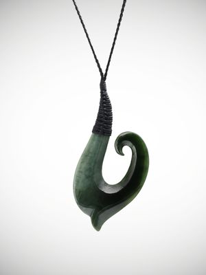 Moko Pounamu Hei Matau (Hook) NZ Genuine Kawakawa Greenstone - Awamoko