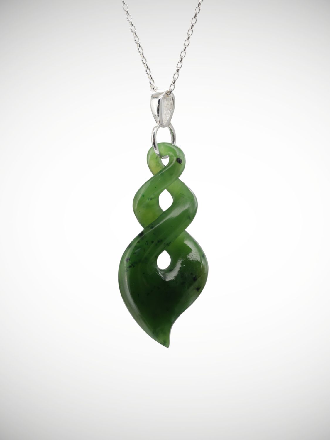 Moko Pounamu Double Pikorua (Twist) Genuine NZ Kawakawa Greenstone & Sterling Silver - Mangamutu