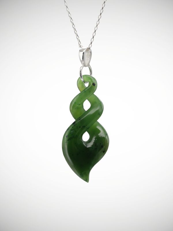 Moko Pounamu Double Pikorua (Twist) Genuine NZ Kawakawa Greenstone & Sterling Silver - Mangamutu