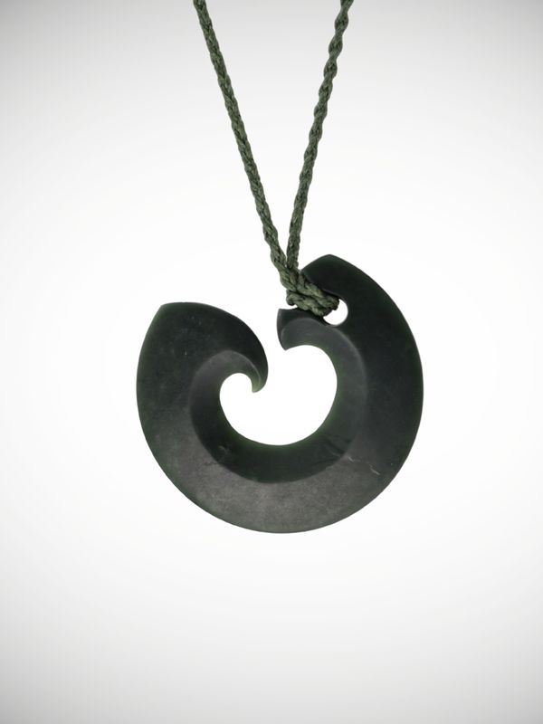 Moko Pounamu Hei Matau (Hook) Genuine NZ Kawakawa Greenstone - Ikawai