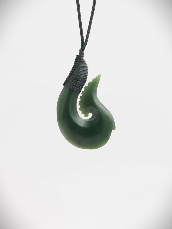 Moko Pounamu Hei Matau (Hook) NZ Genuine Kawakawa  Greenstone - Muritai