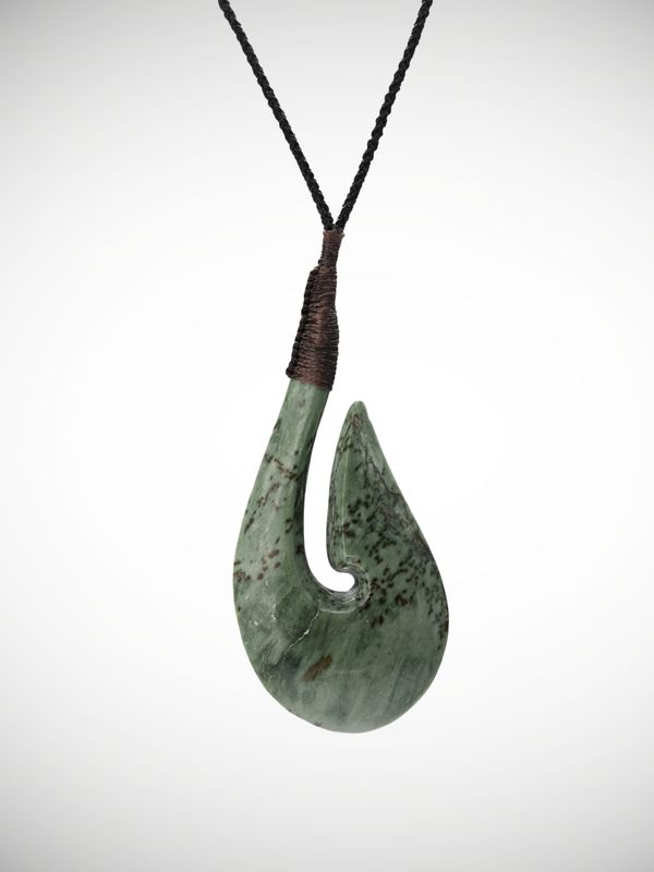 Moko Pounamu Hei Matau (Hook) Genuine NZ Kokopu Greenstone - Kaimamaku