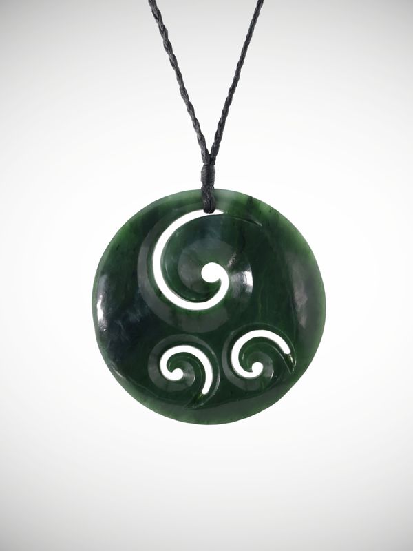 Moko Pounamu Triple Koru Genuine NZ Kawakawa Greenstone  - Manaroa