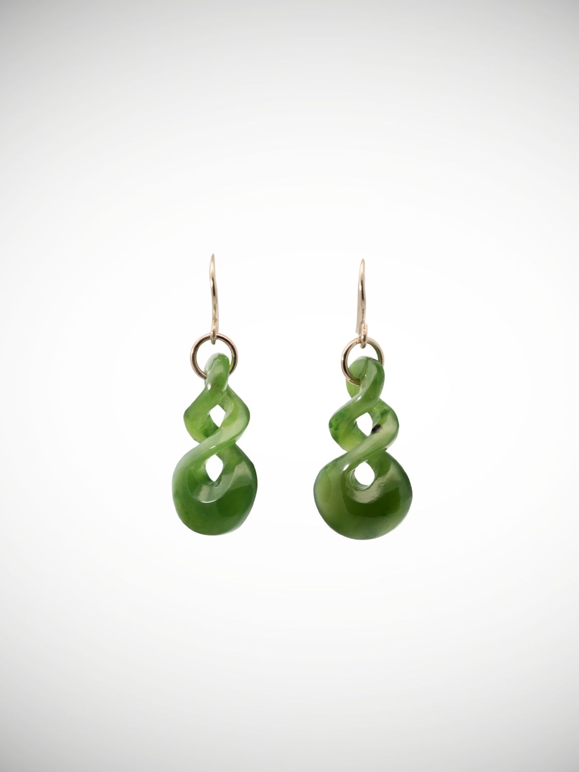 Moko Pounamu Pikorua Earrings Genuine NZ Kawakawa Greenstone & 9ct Gold - Ahuroa