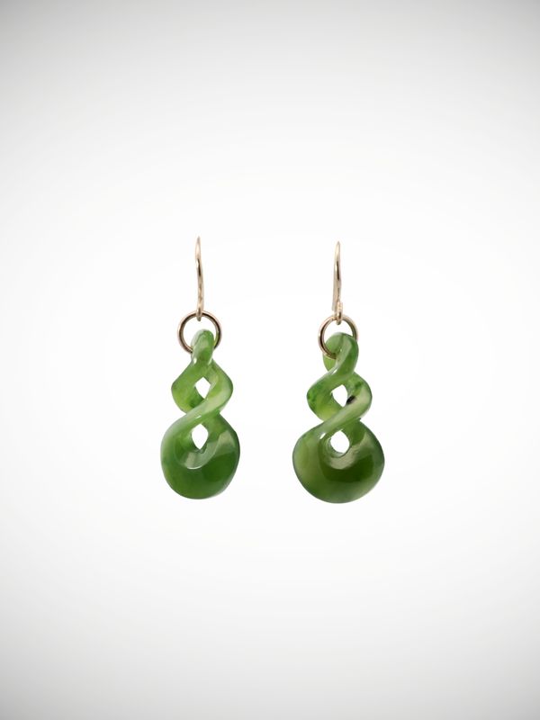 Moko Pounamu Pikorua Earrings Genuine NZ Kawakawa Greenstone & 9ct Gold - Ahuroa