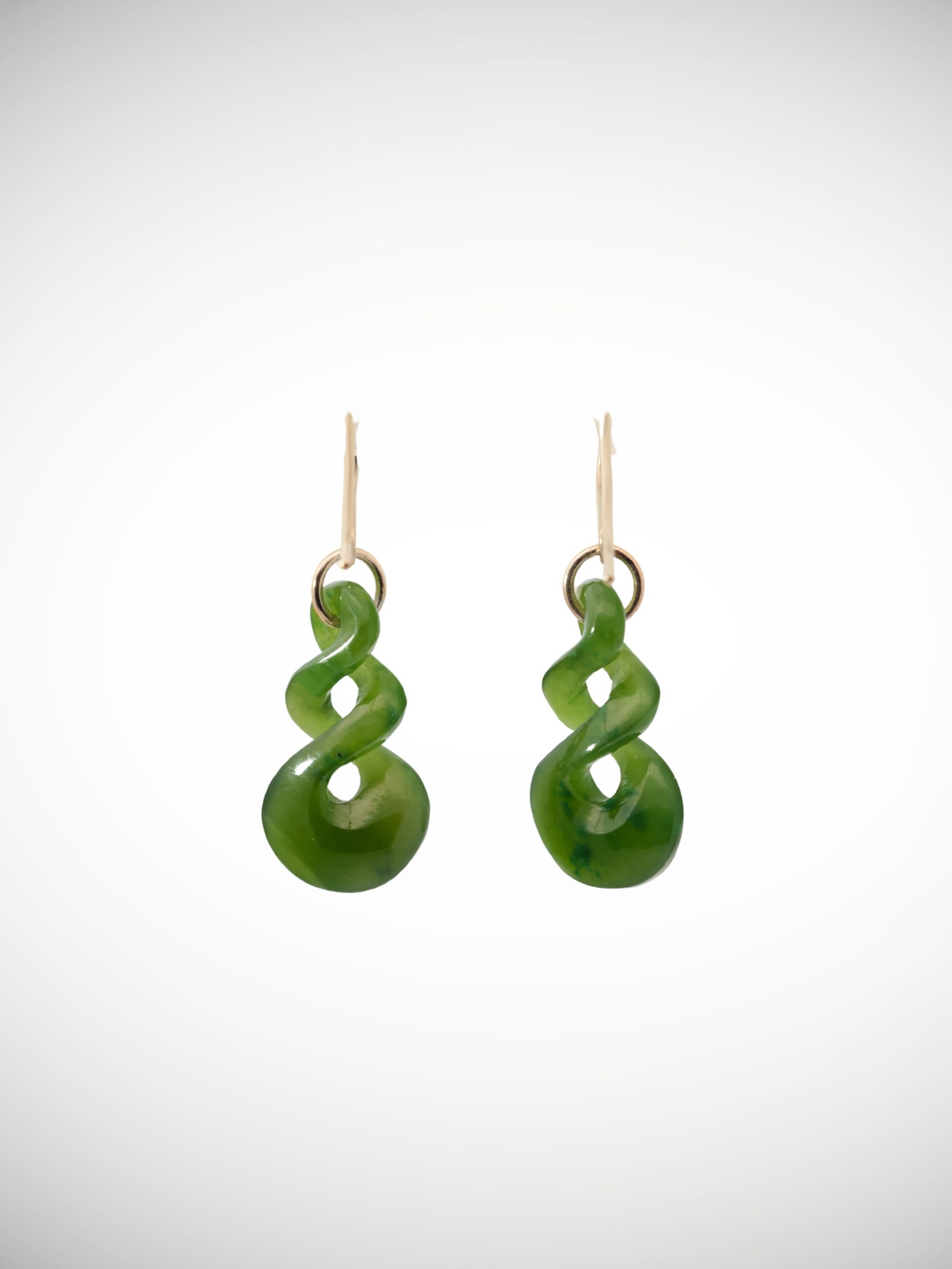 Moko Pounamu Pikorua Earrings Genuine NZ Kawakawa Greenstone & 9ct Gold - Ahuroa