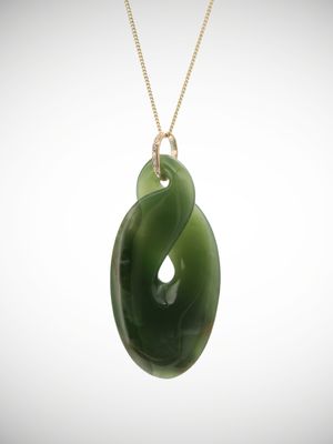 Moko Pounamu Pikorua (Twist) Genuine NZ Kawakawa Flower Greenstone & 9ct Gold & Diamond - Mangapiko