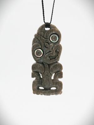 Moko Pounamu Hei Tiki Genuine Whale Bone Carving - Porourangi