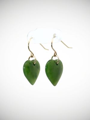 Moko Pounamu NZ Kawakawa Greenstone & 9ct Gold Heart Earrings - Aratapu Moko Pounamu NZ Kawakawa Greenstone & 9ct Gold Heart Earrings - Aratapu