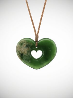 Moko Pounamu Double Heart Genuine NZ Marsden Flower Greenstone - Kararoa