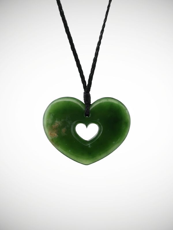 Moko Pounamu Double Heart Genuine NZ Marsden Flower Greenstone - Kereru