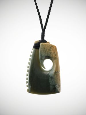 Moko Pounamu Notched Toki with Koru Genuine NZ Inanga Flower Greenstone - Ngakawau